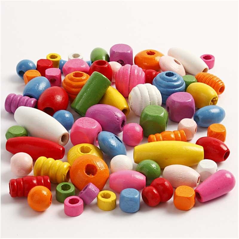 Wooden Beads, size 5-28 mm, hole size 2,5-3 mm, ca. 466 pc, assorted colours, 175 g, 400 ml/ 1 bucket [HOB-684760]