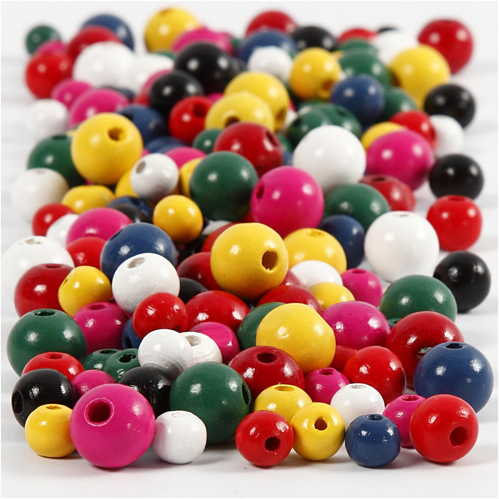 Wooden Beads, dia. 8+10+12 mm, hole size 2-2,5 mm, assorted colours, 400ml/ 1 bucket, 175 g [HOB-68481]