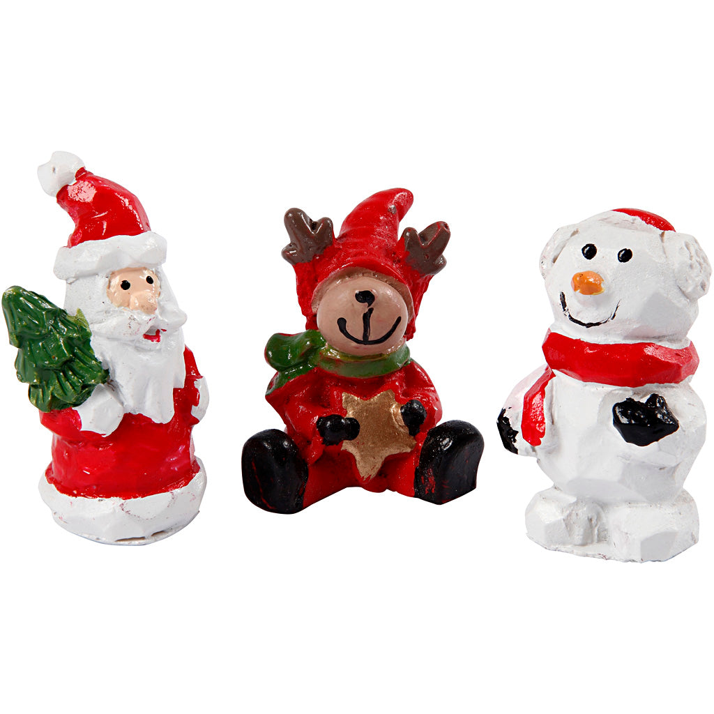 Miniature figurines, Santa, reindeer and snowman, H: 35 mm, L: 10 mm