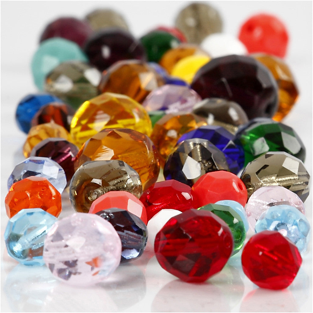 Faceted Beads, size 3-15 mm, hole size 0,5-1,5 mm, ca. 450 pc, assorted colours, 400 g/ 1 pack [HOB-69870]