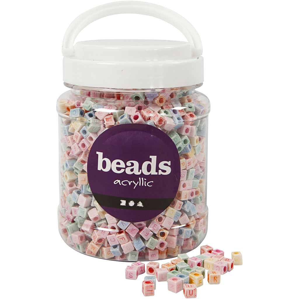 Letter Beads, size 6x6 mm, hole size 3 mm, ca. 2300 pc, 500 g, 700 ml/ 1 tub