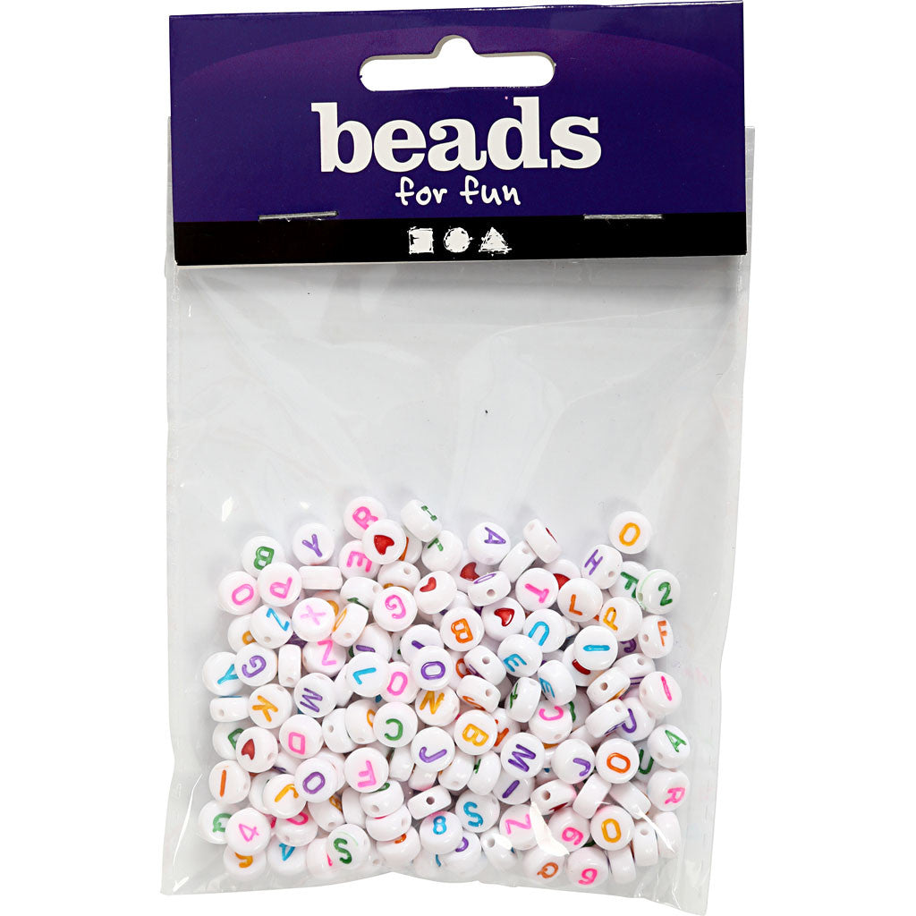 Letter Beads, size 7 mm, hole size 1,2 mm, ca. 200 pc, white, 25 g/ 1 pack [HOB-699070]