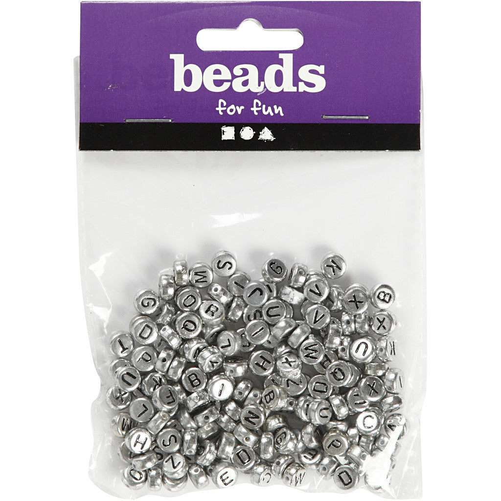 Letter Beads, dia. 7 mm, hole size 1,2 mm, ca. 200 pc, silver, 21 g/ 1 pack [HOB-699330]