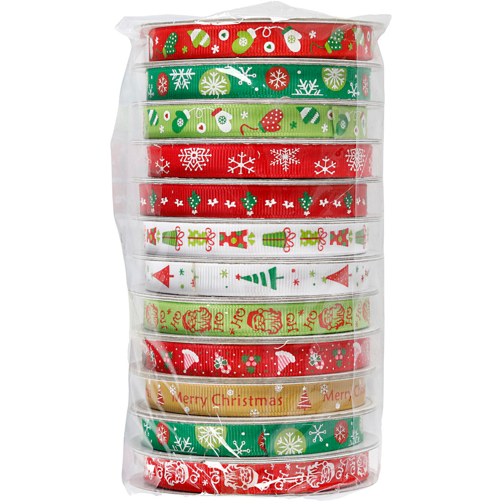 Christmas ribbon, W: 10 mm, 12x3 m/ 1 pack [HOB-721257]
