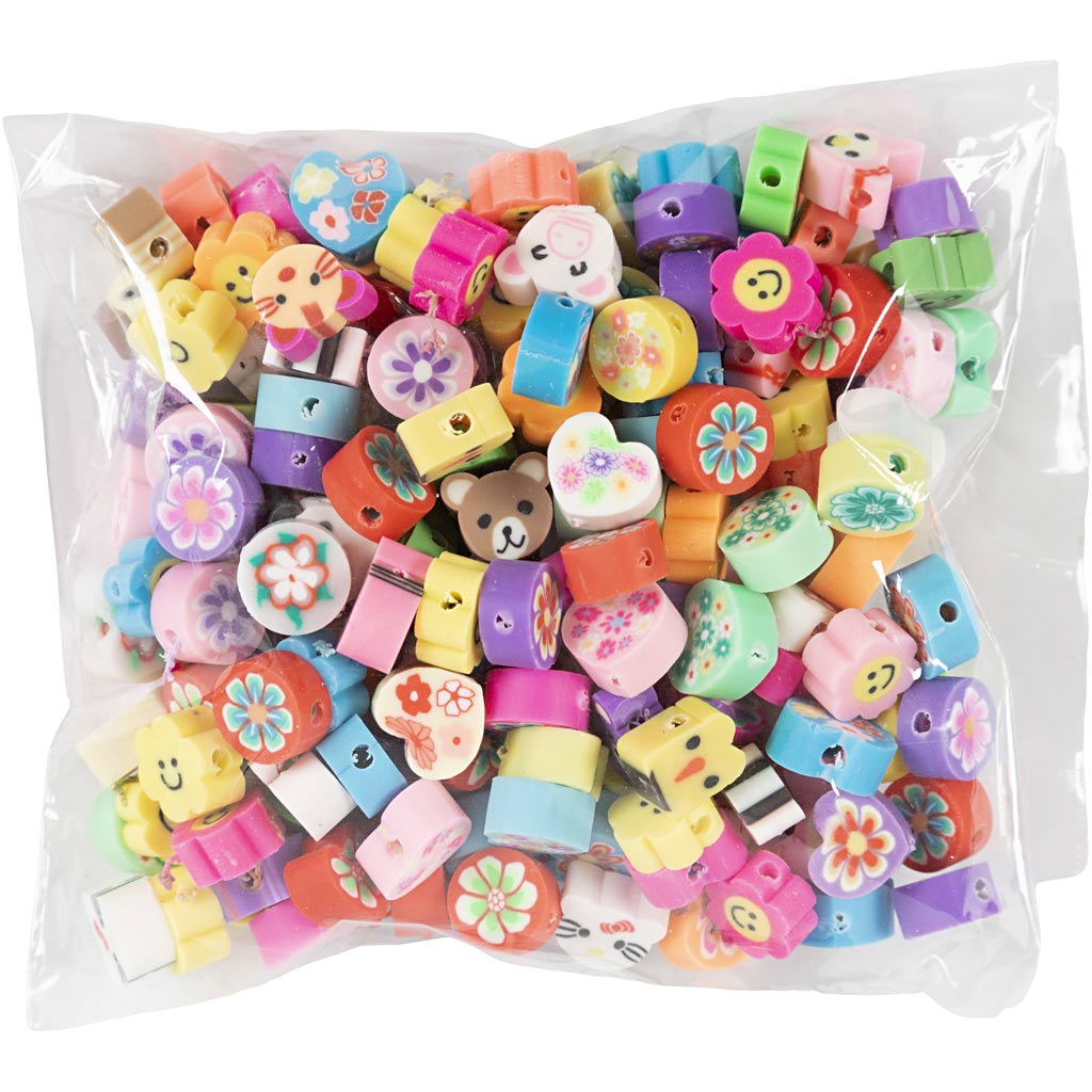 Animal and flower beads, dia. 10 mm, hole size 1,5 mm, 200 asstd./ 1 pack [HOB-7361420]