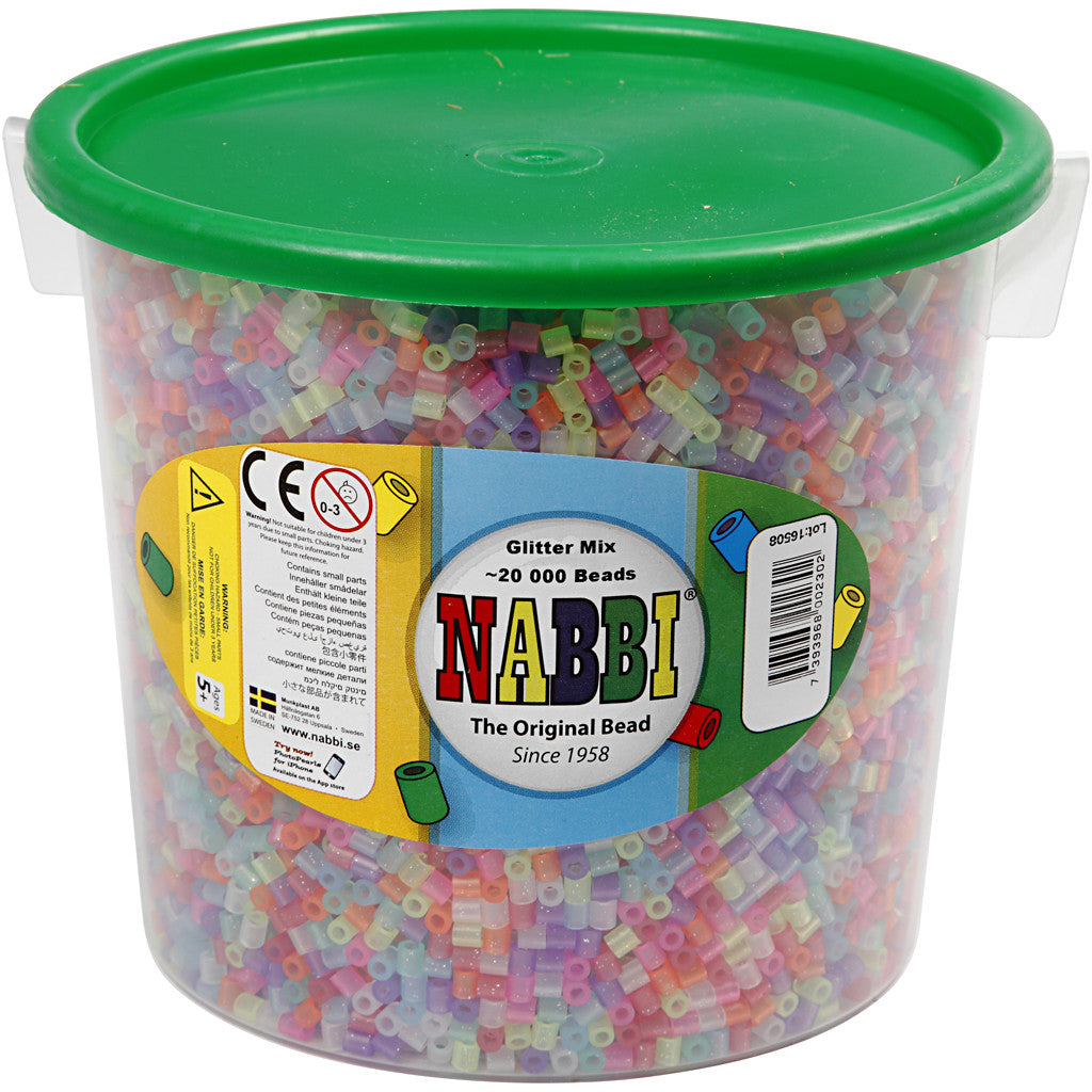 Fuse Beads, size 5x5 mm, hole size 2,5 mm, medium, glitter colours, 20000 asstd./ 1 bucket [HOB-75240]