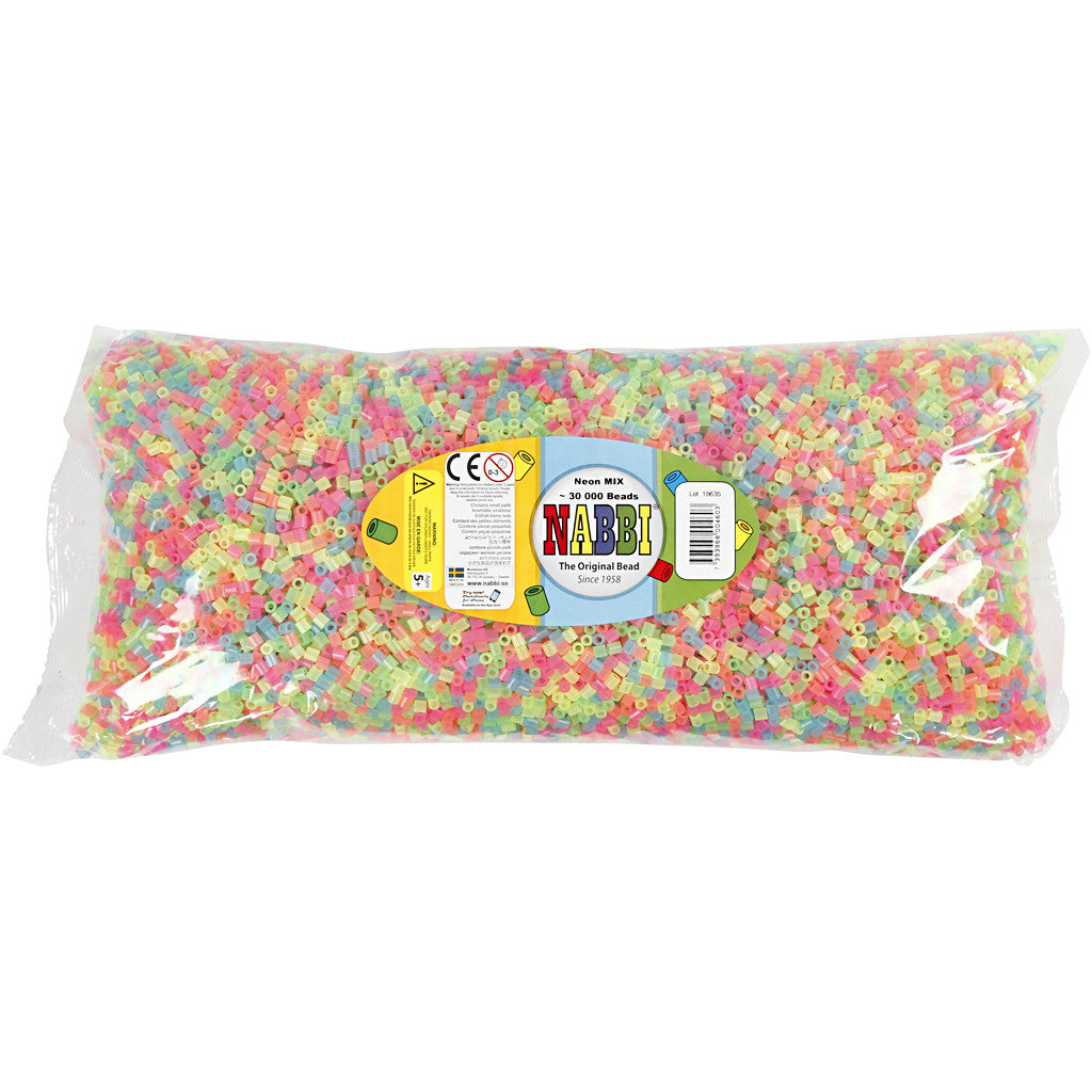 Fuse Beads, size 5x5 mm, hole size 2,5 mm, medium, neon colours, 30000 asstd./ 1 pack [HOB-752501]