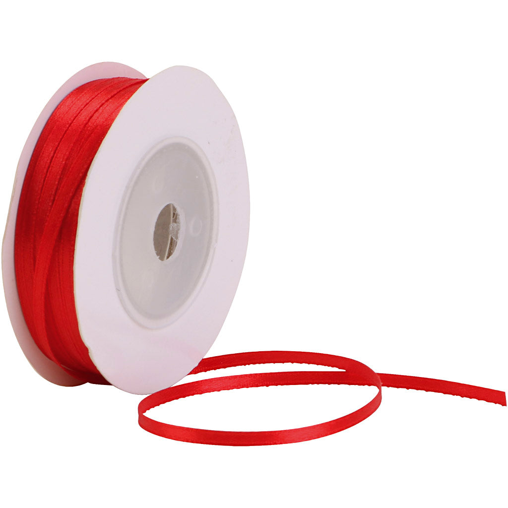 Satin Ribbon, W: 3 mm, red, 30 m/ 1 roll