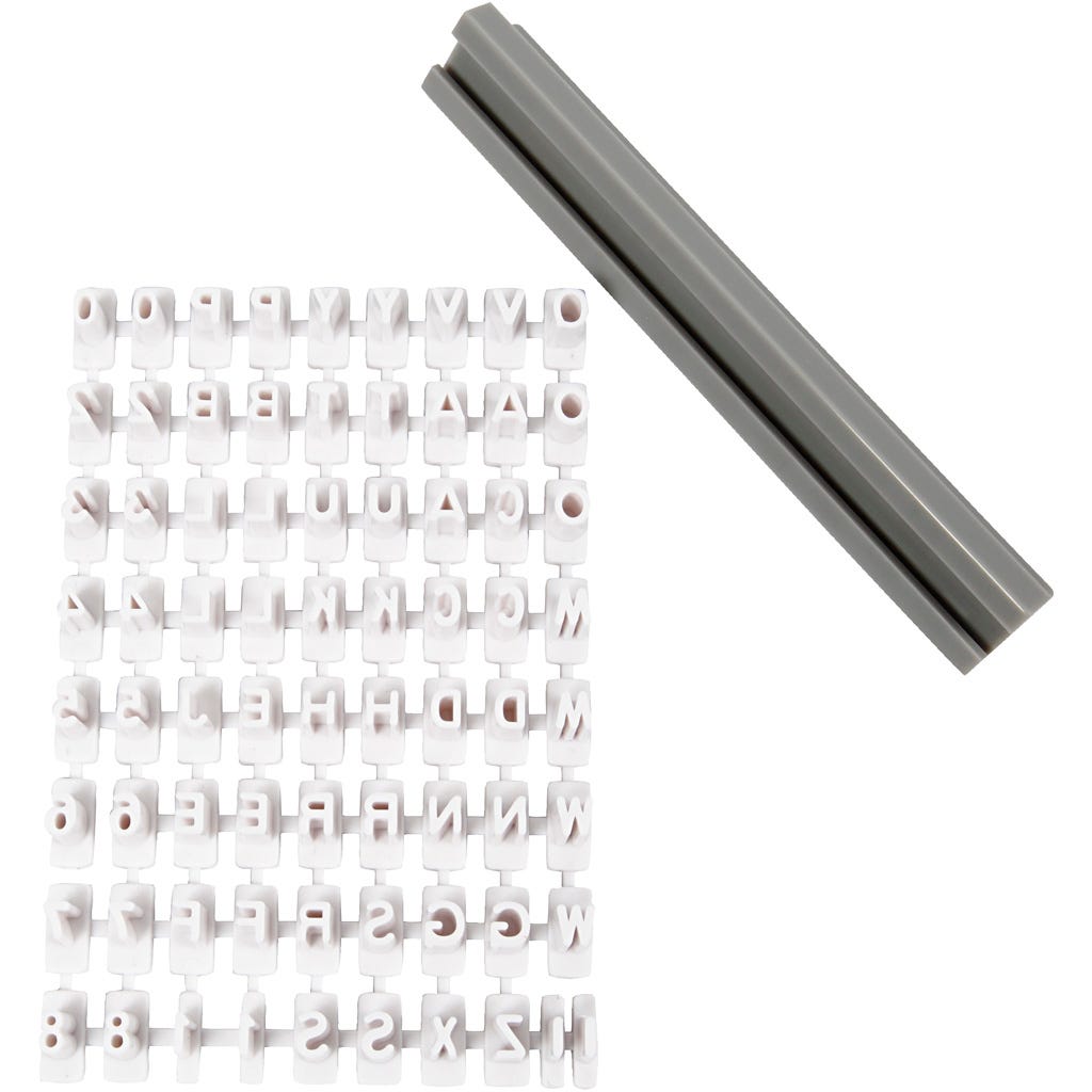 Rubber stamps set, letters, numbers, H: 6 mm, white, 1 set [HOB-78286]