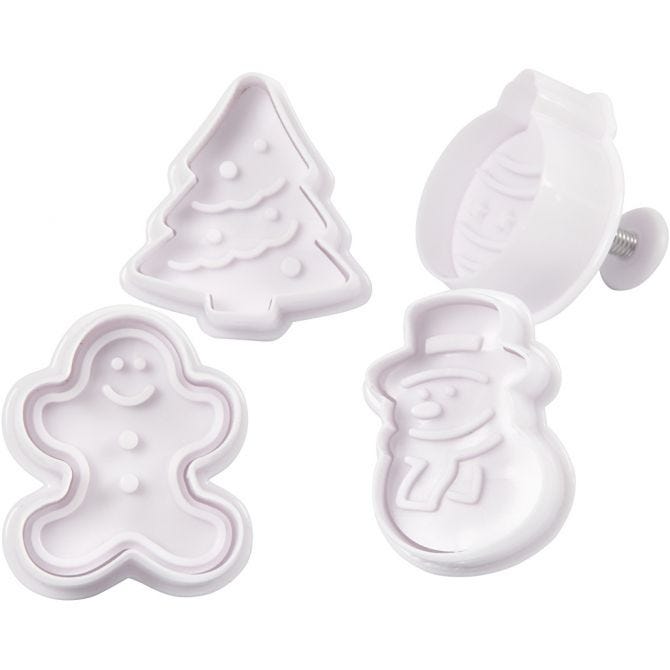 Embossing Cookie Cutters, Christmas tree, snowman, gingerbread man, Christmas bauble, H: 5 cm, white, 4 pc/ 1 pack [HOB-782870]