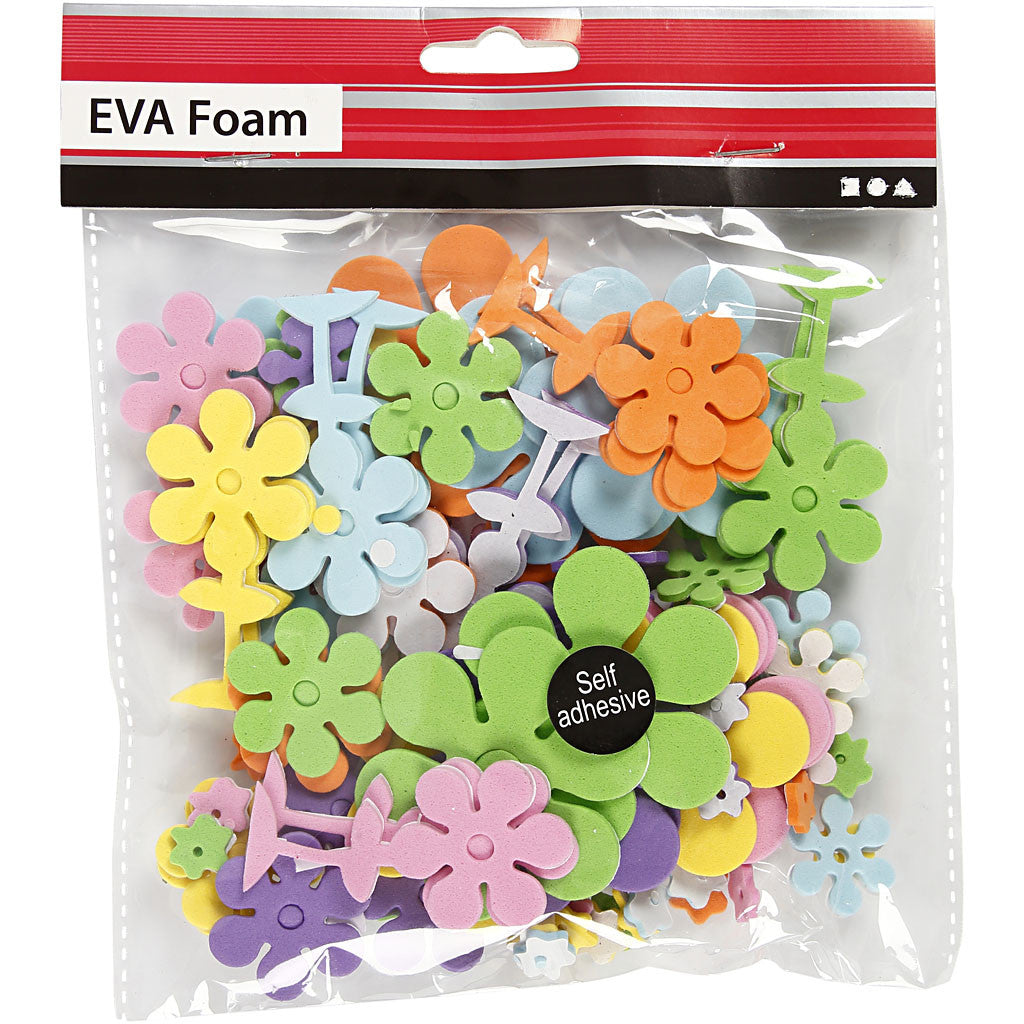 Foam Flowers, Flowers, size 10-60 mm, thickness 2 mm, assorted colours, 100 pc/ 1 pack [HOB-79020]