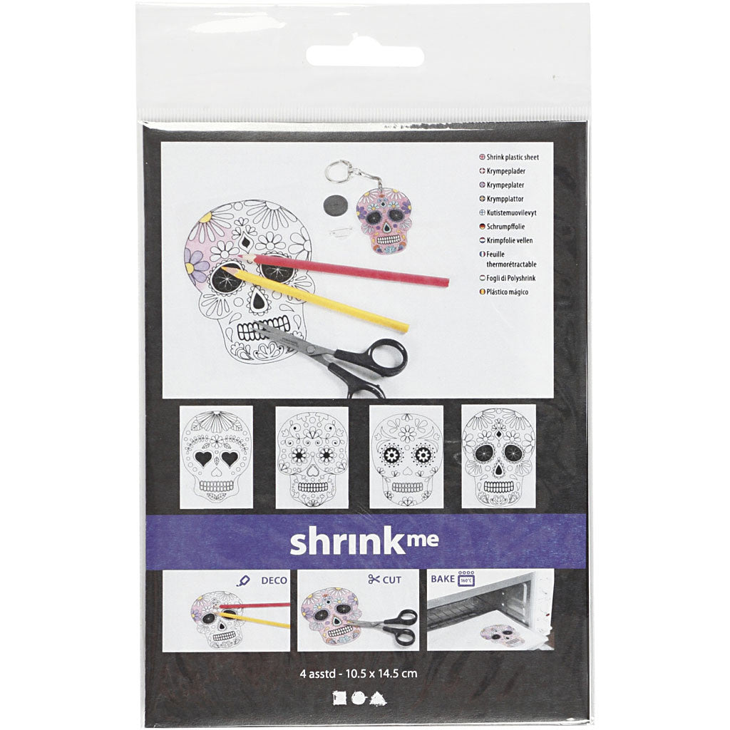 Shrink plastic sheets with motifs, Skulls, sheet 10,5x14,5 cm, thickness 0,3 mm, matt transparent, 4 sheet/ 1 pack [HOB-79068]