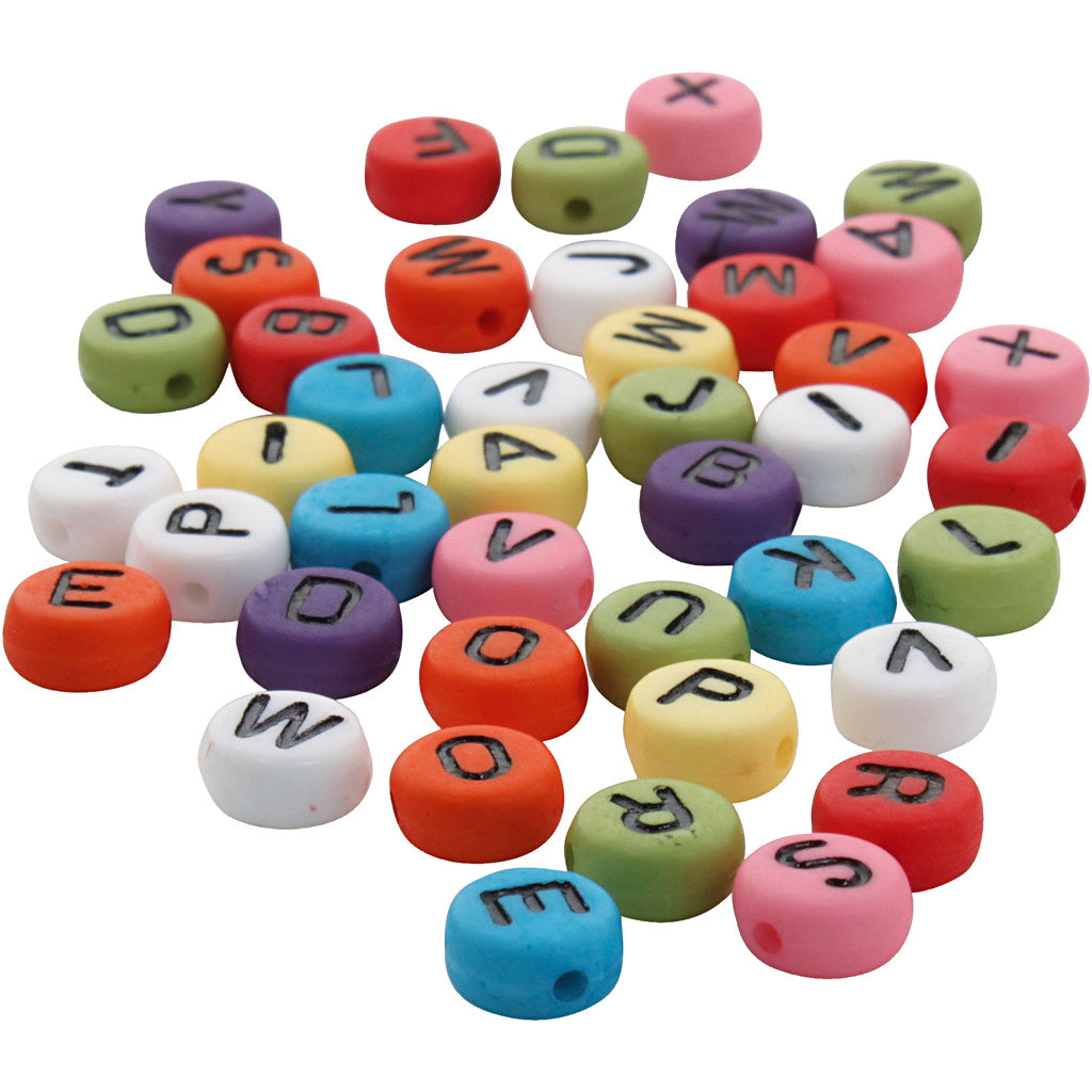 Round letter beads, dia. 7 mm, hole size 1-2 mm, ca. 200 pc, assorted colours, 25 g/ 1 pack [HOB-743074]