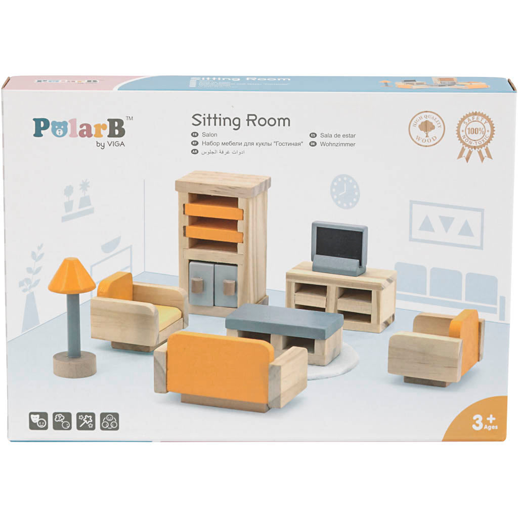 VIGA Doll house furniture, Living room, size 2x2x7,5 cm, 8 parts/ 1 set [HOB-906692]