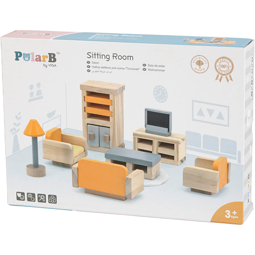 VIGA Doll house furniture, Living room, size 2x2x7,5 cm, 8 parts/ 1 set [HOB-906692]