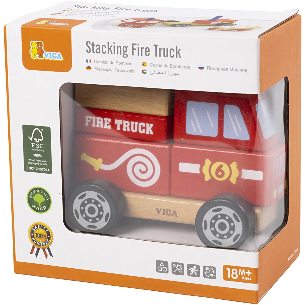 VIGA wooden stacking fire engine toy, Fire engine, size 13x10x8 cm, 1 pc [HOB-907663]