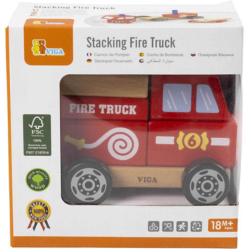 VIGA wooden stacking fire engine toy, Fire engine, size 13x10x8 cm, 1 pc [HOB-907663]