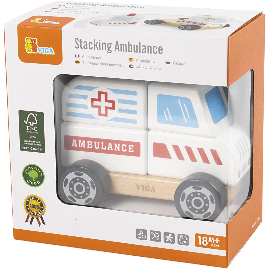 VIGA wooden stacking ambulance toy, Ambulance, size 13x10x8 cm, 1 pc [HOB-907664]