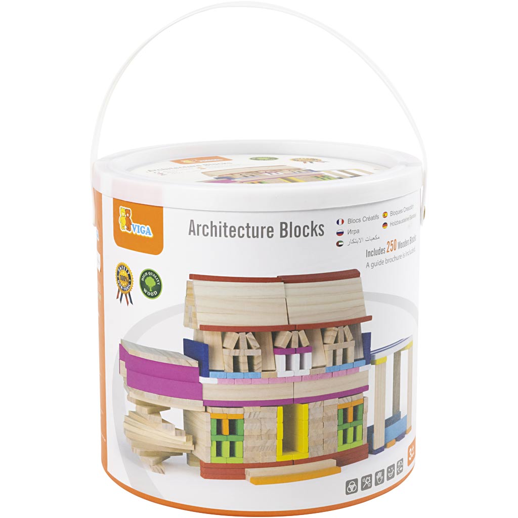 VIGA wooden building blocks, size 10 cm, assorted colours, 250 parts/ 1 pack [HOB-907761]