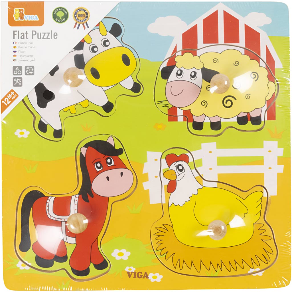 VIGA Wooden Knob Puzzles, farm animals, size 22x22 cm, 4 puzzle pieces, 1 pc [HOB-907764]