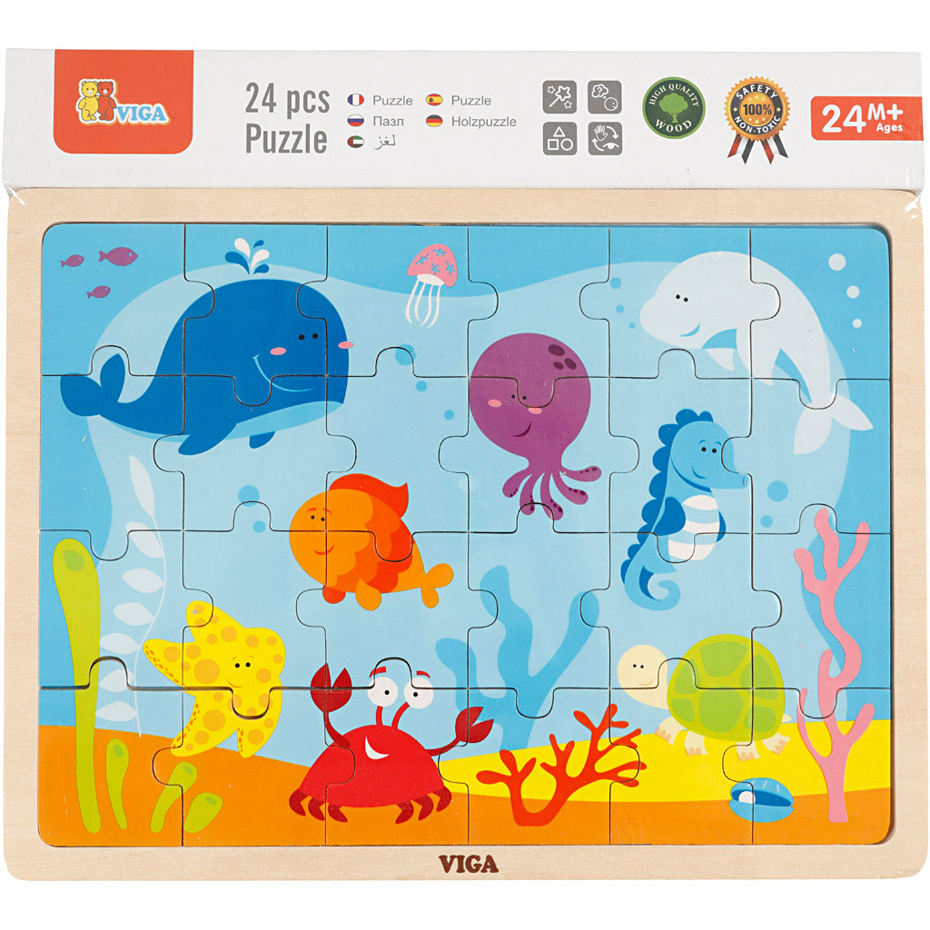 VIGA Wooden Jigsaw Puzzles, marine animals, size 30x22,5 cm, 24 puzzle pieces, 1 pc [HOB-907791]