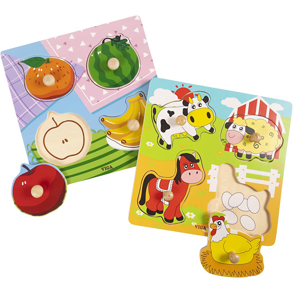 VIGA wooden jigsaw puzzles with knobs, fruit and farm animals, size 22x22 cm, 2x4 puzzle pieces, 2 parts/ 1 set