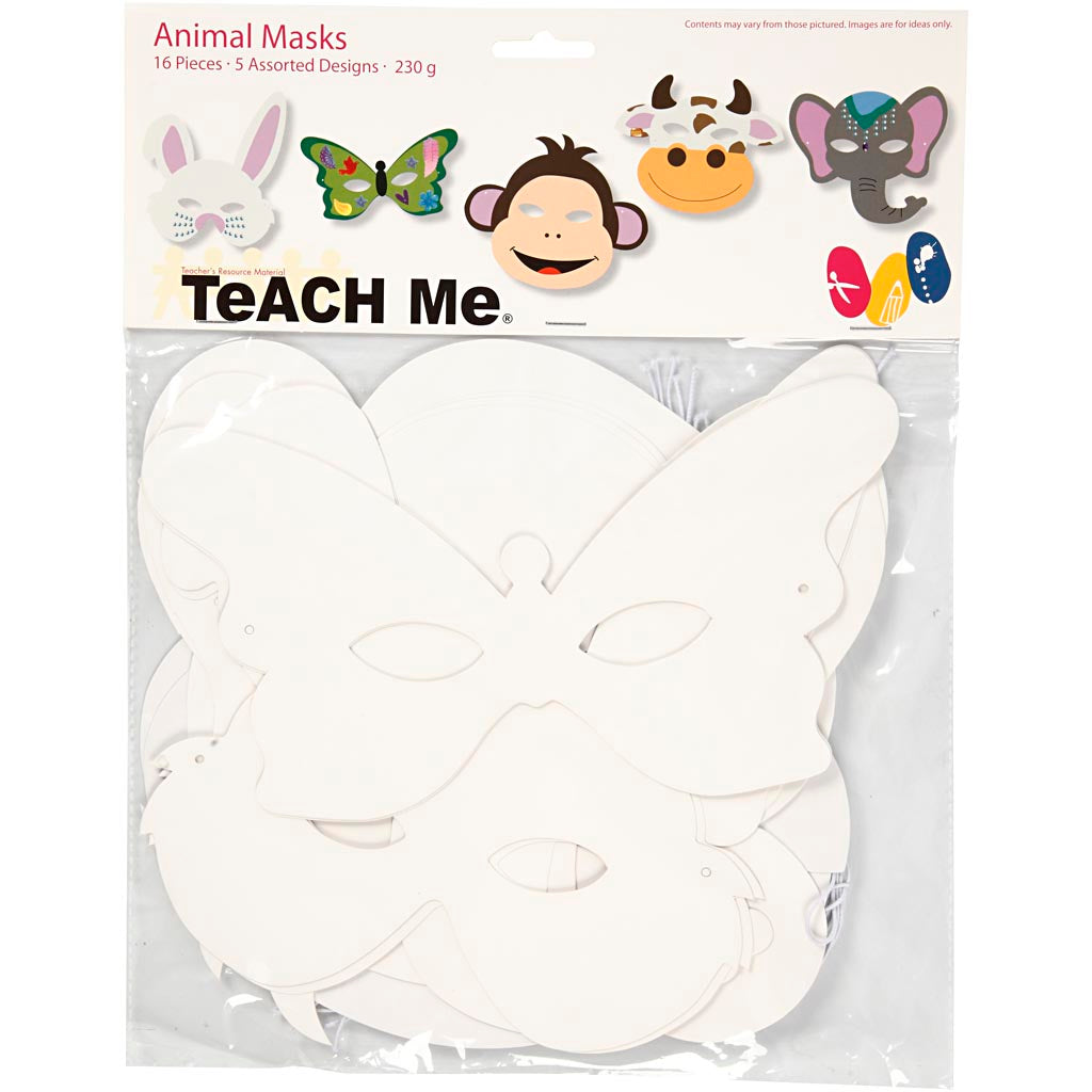 Animal Masks, H: 13-24 cm, W: 20-28 cm, 230 g, white, 16 pc/ 1 pack [HOB-95201]