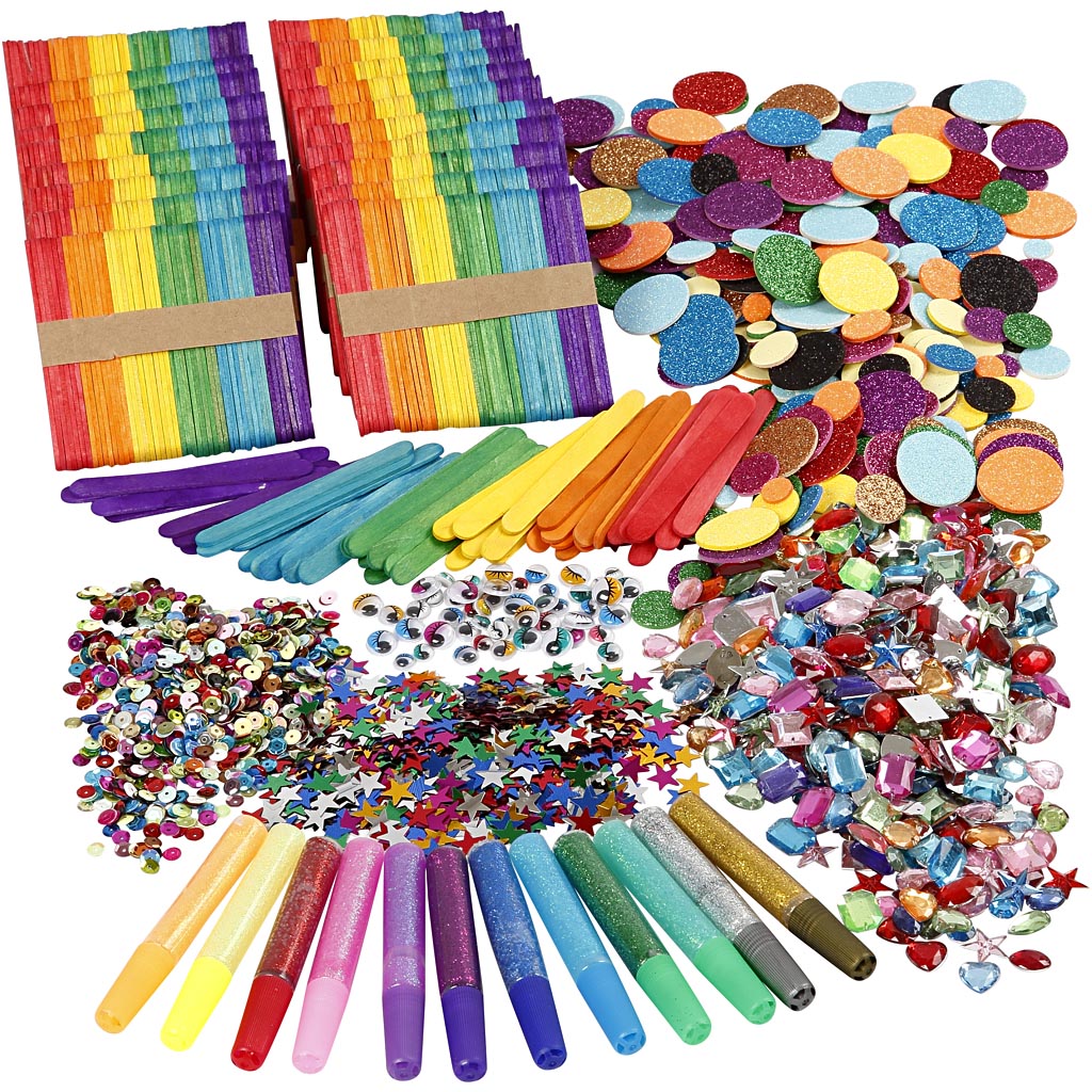Glitter and Wood Sticks, assorted colours, 1 set [HOB-97435]
