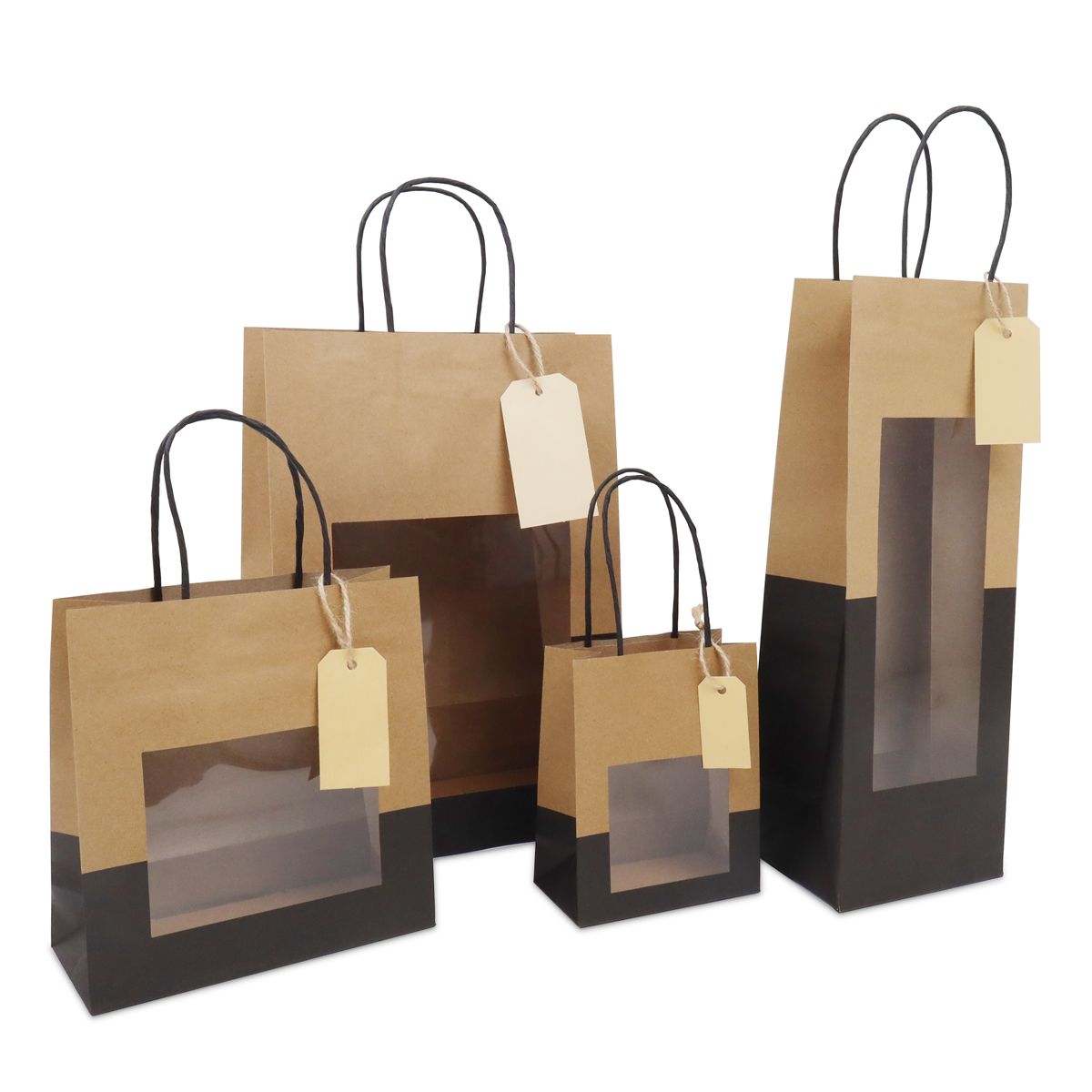 Gift bags with window and tag 18+8x19cm kraft/black (100 pcs) [FP-DPT113]