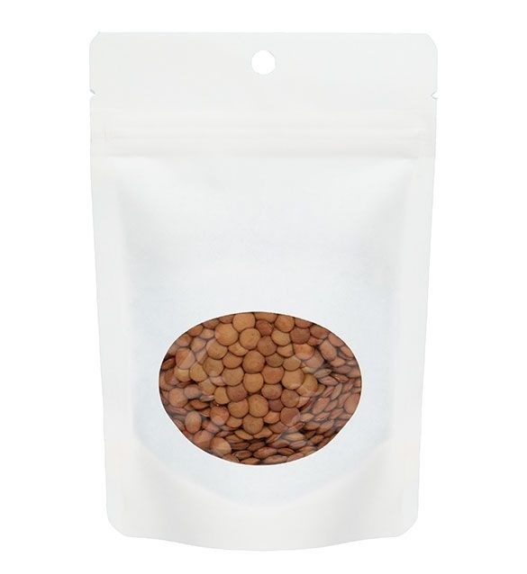 Stand Up Pouches White Kraft Compostable 10.2x6x15.2cm with oval Window | 57 grams (100 pieces) [ZBGEO2W]