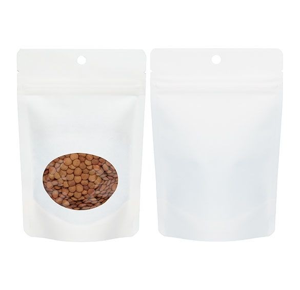 Stand Up Pouches White Kraft Compostable 10.2x6x15.2cm with oval Window | 57 grams (100 pieces) [ZBGEO2W]