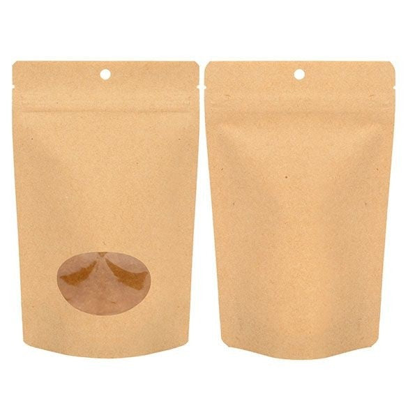 Stand Up Pouches Kraft Compostable 13x7.9x20.6cm with oval Window | 113 grams (100 pieces) [ZBGEO3K]