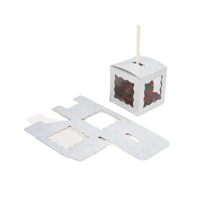 Folding box Glitter Silver 5,1x5,1x5,1 cm 3 sided window (25 pieces) [FB1SGW]