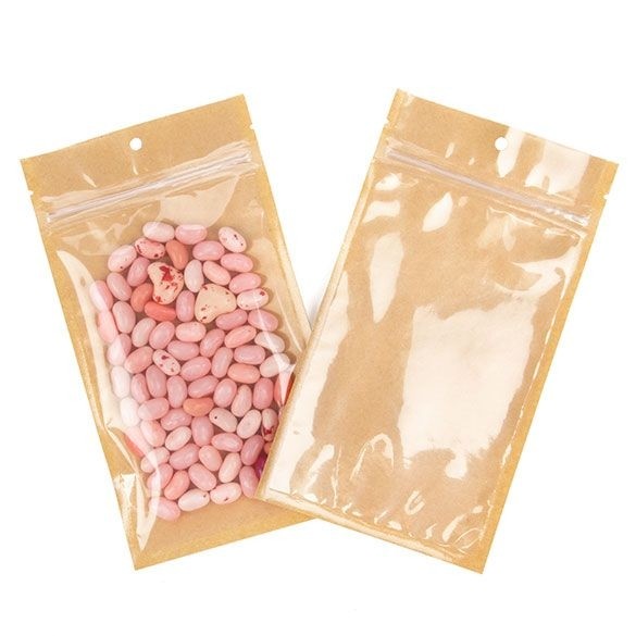 Kraft Barrier Bags with clear front 10.2 x 16.5cm w/Tear Notches (100 Pieces) [HZB5KC]