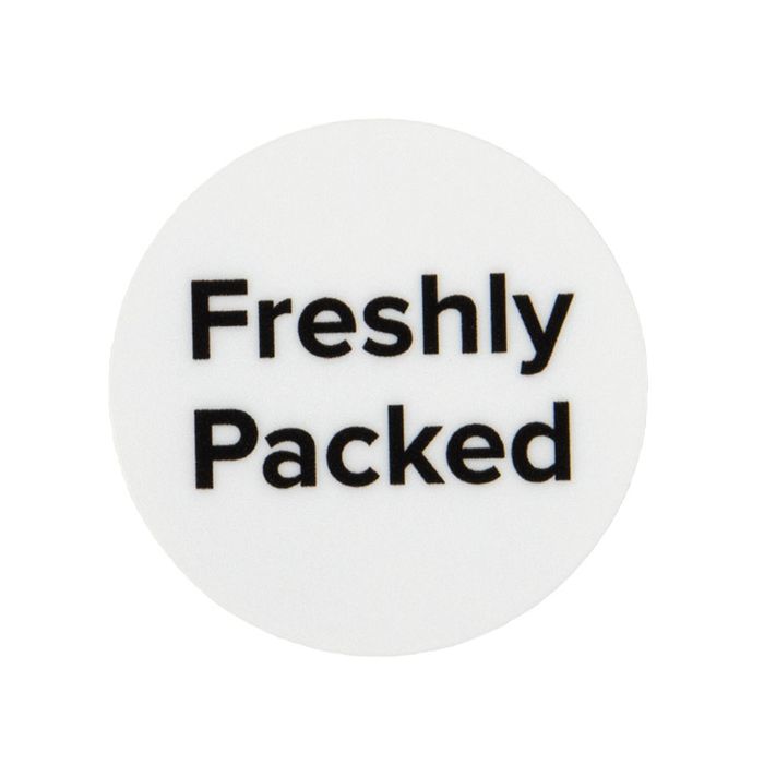 Stickers Round Freshly Packed (White w/ black text) 2,5 cm (1 Sheet)