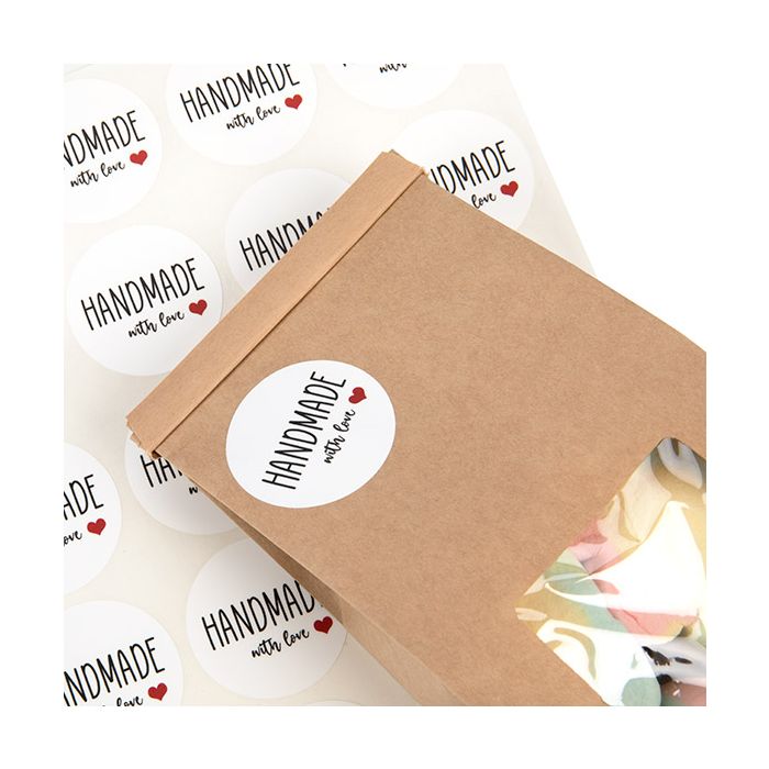 Stickers Round Handmade with love (White w/ Black Text & Red Heart) 3,8 cm (1 Sheet) [LS1HHMLH]