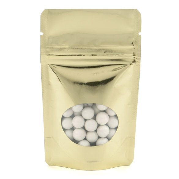 Stand Up Pouches Gold with oval Window 8x5x13cm | 28 grams (100 pieces) [ZBGMO1SG]