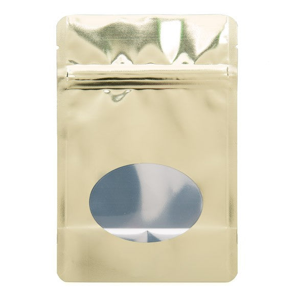 Stand Up Pouches Gold with oval Window 10x6x15cm | 57 grams (100 pieces) [ZBGMO2SG]
