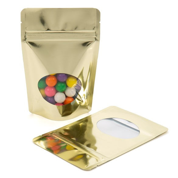 Stand Up Pouches Gold with oval Window 10x6x15cm | 57 grams (100 pieces) [ZBGMO2SG]