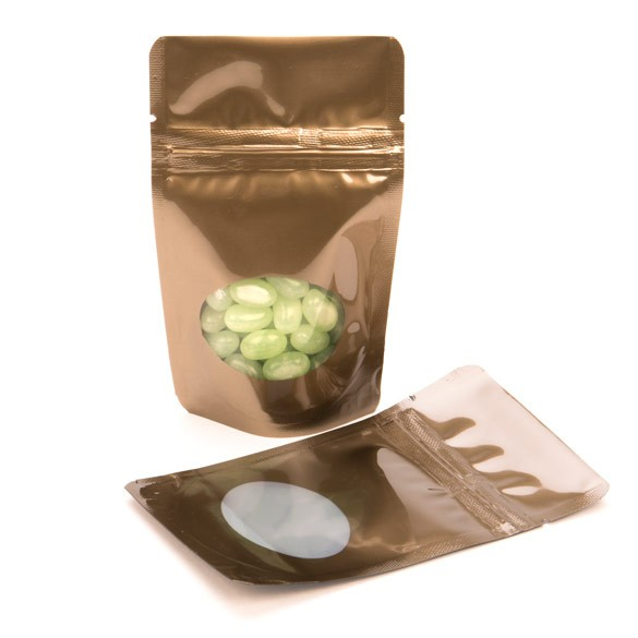 Stand Up Pouches Bronze with oval Window 8x5x13cm | 28 grams (100 pieces) [ZBGO1BZ]