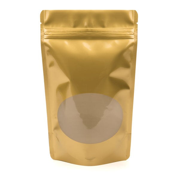 Stand Up Pouches Gold with oval Window 13x7x20.5cm | 113 grams (100 pieces) [ZBGO3G]