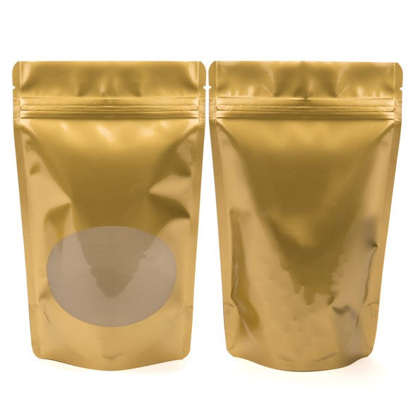 Stand Up Pouches Gold with oval Window 13x7x20.5cm | 113 grams (100 pieces) [ZBGO3G]