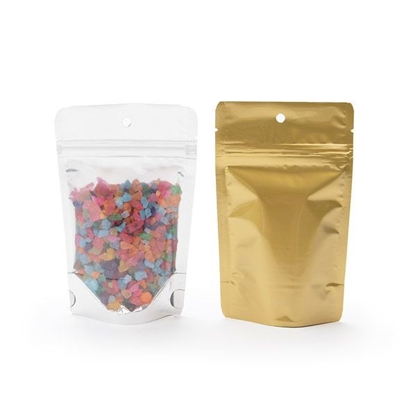 Stand Up Pouches Transparent/Gold 9.5x5.7x15.7cm | 57 grams With Hang Hole (100 pieces) [ZBGG35H]