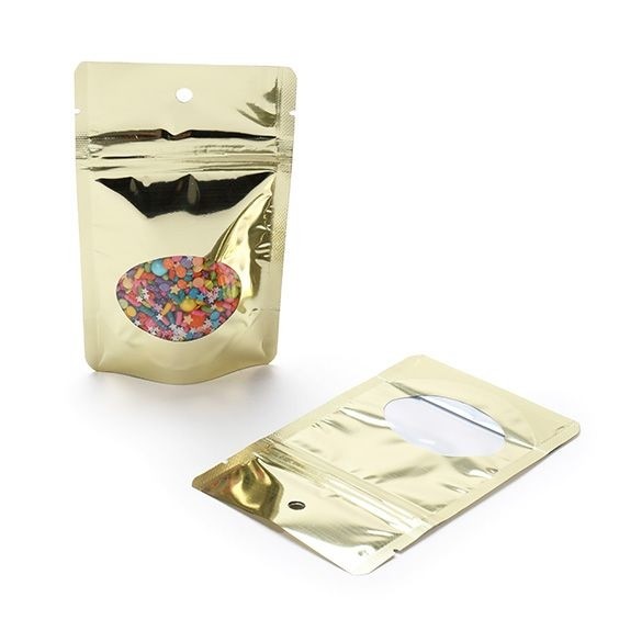 Stand Up Pouches Gold with oval Window 8x5x13cm | 28 grams with hang hole