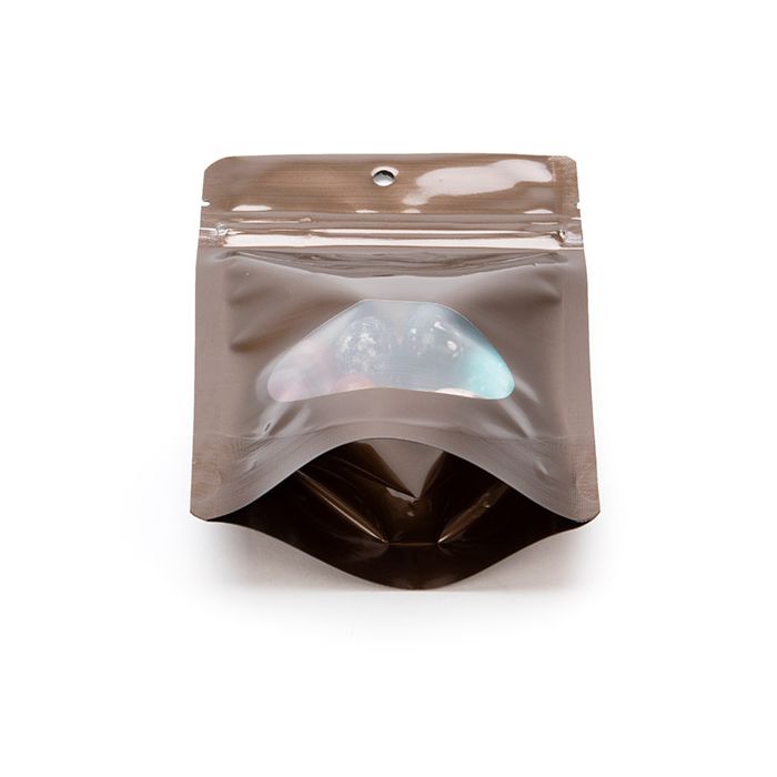 Stand Up Pouch Bronze w/ Oval Window 10.2x6x15.2 cm With Round Hanghole (100 pieces) [ZBGMO2BZH]