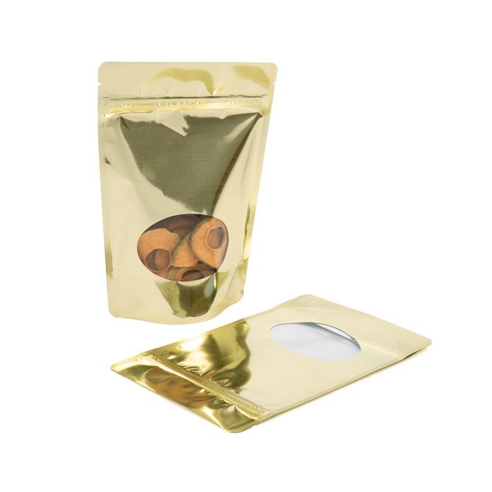 Stand Up Pouches Gold with oval Window 14.9x8.9x23.2cm | 312 grams (100 pieces) [ZBGMO7SG]