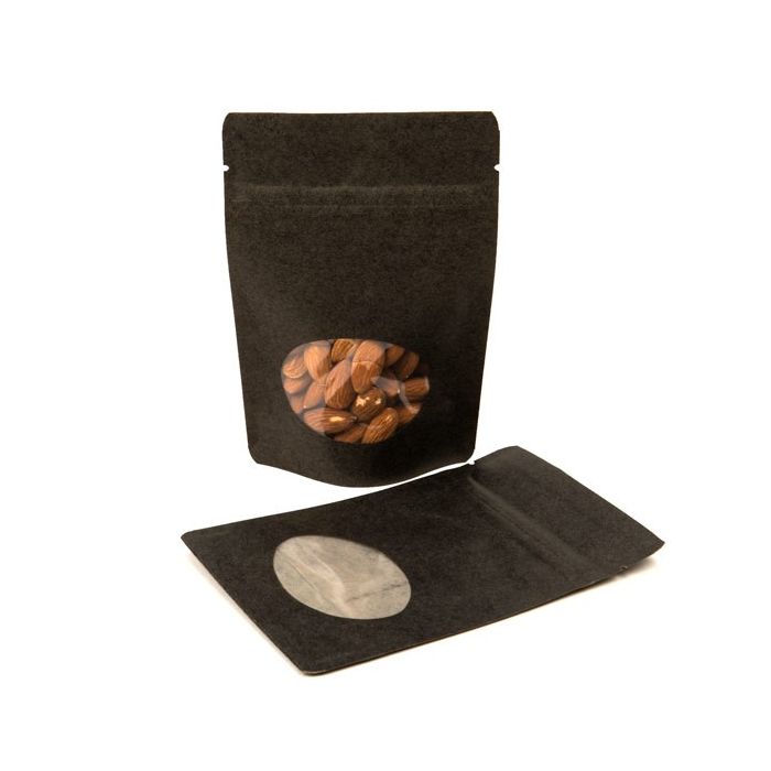 Stand Up Pouches Kraft Black with oval Window 13x8x20.5cm | 113 grams (100 pieces) [ZBGO3BK]