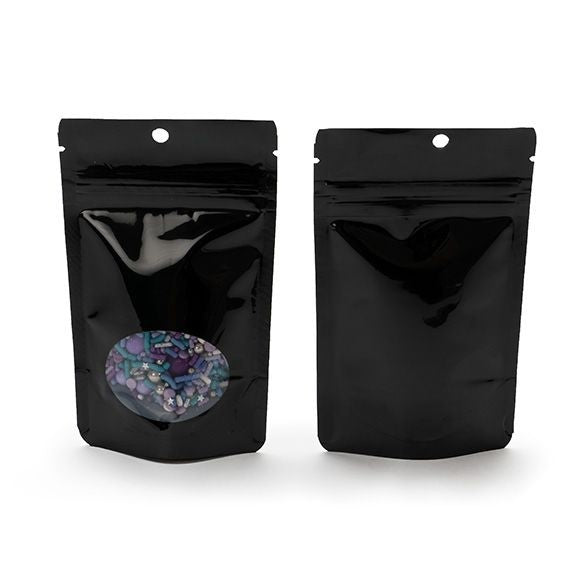 Stand Up Pouches Black with oval Window 8x5x13cm | 28 grams with hang hole (100 pieces) [ZBGO1BH]