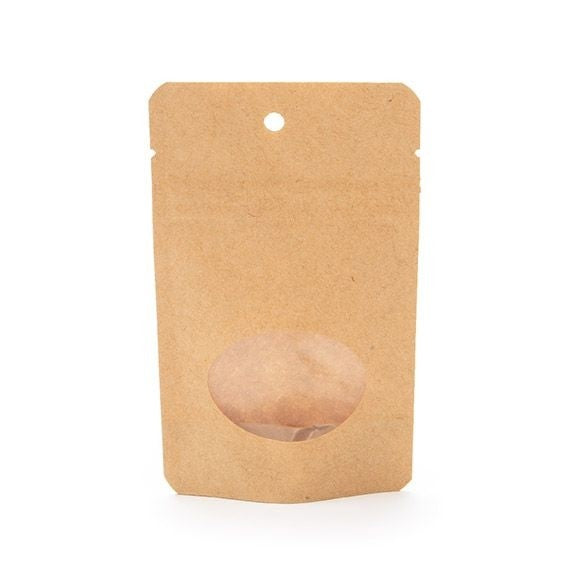 Stand Up Pouches Kraft with oval Window 8x5x13cm | 28 grams with round hang hole (100 pieces) [ZBGO1KH]