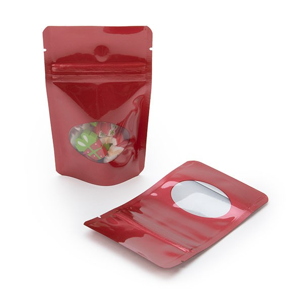 Stand Up Pouches Red with oval Window 8x5x13cm | 28 grams (100 pieces) [ZBGO1R]